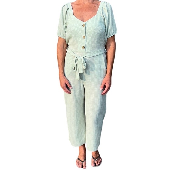 Monteau Anthropologie | Polka Dot Jumpsuit Button Up Bubble Sleeveless Mint G… - Picture 9 of 9